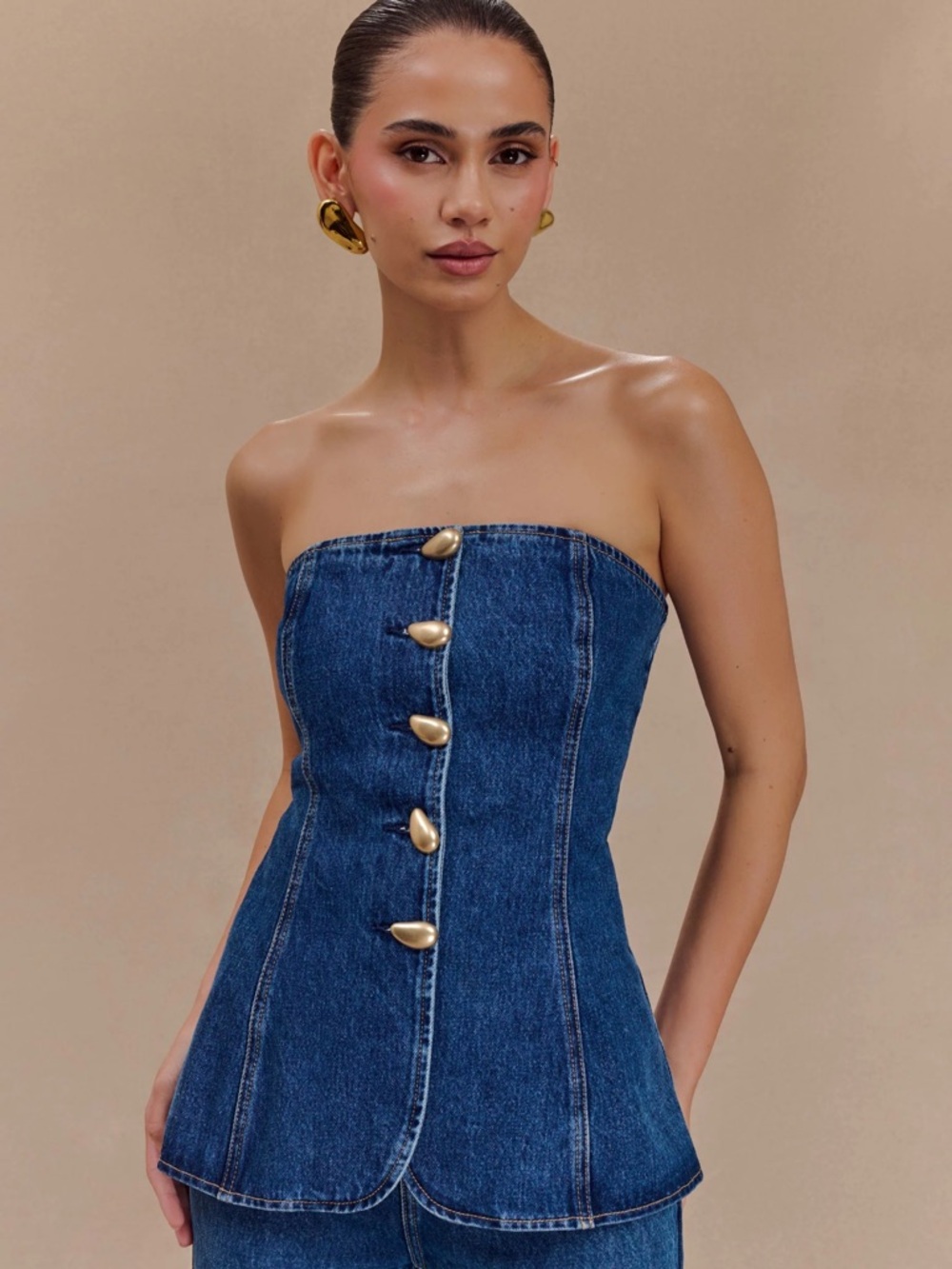 Meshki Lennox Strapless Long Line Button Top- Dark Blue